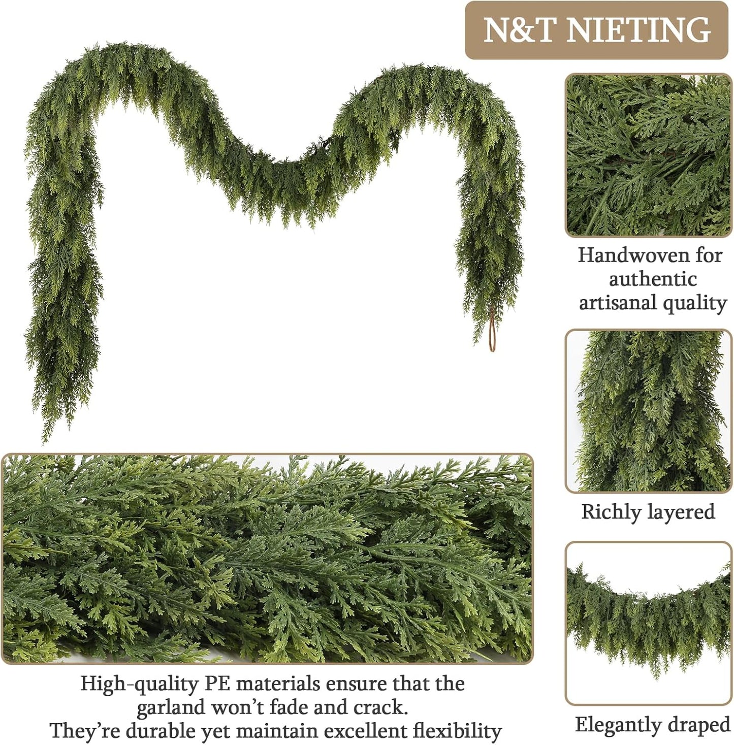 N&T NIETING 9ft Christmas Cedar Garland with Realistic Soft Thickness Pine, Artificial Green Faux Cedar Pine Garland for Fireplace Mantle Fireplace Indoor Outdoor Holiday Party Home Decoration