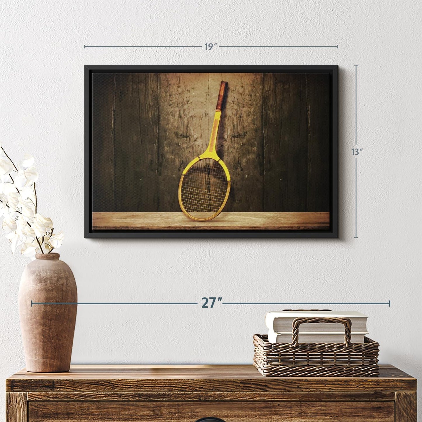 ElephantStock Vintage Tennis Racket Wall Art - Horizontal Framed Canvas - 1-Piece Living Room Wall Decor - Photography Sports Canvas Print - Brown and Black Decor for Wall - 19" X 13"