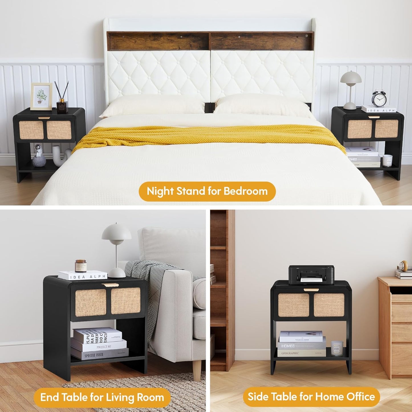 LEVNARY Nightstand with Charging Station, Mid-Century Modern Bedside Table with Curved Top Corners and Fabric-Like Textured Drawer, Wooden End Table for Farmhouse Bedroom Living Room (1, Black)