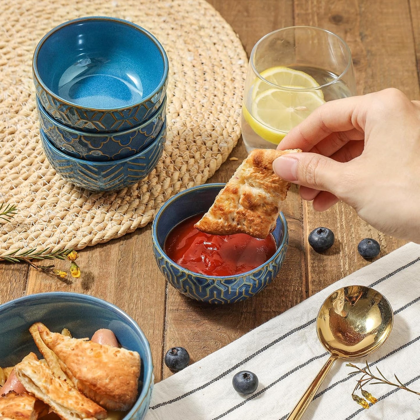 Sureasy Mini Ceramic Dipping Bowls – 4 oz, 3.5 Inch Small Bowls for Sauces & Side Dishes, Microwave & Dishwasher Safe, Set of 4, Blue