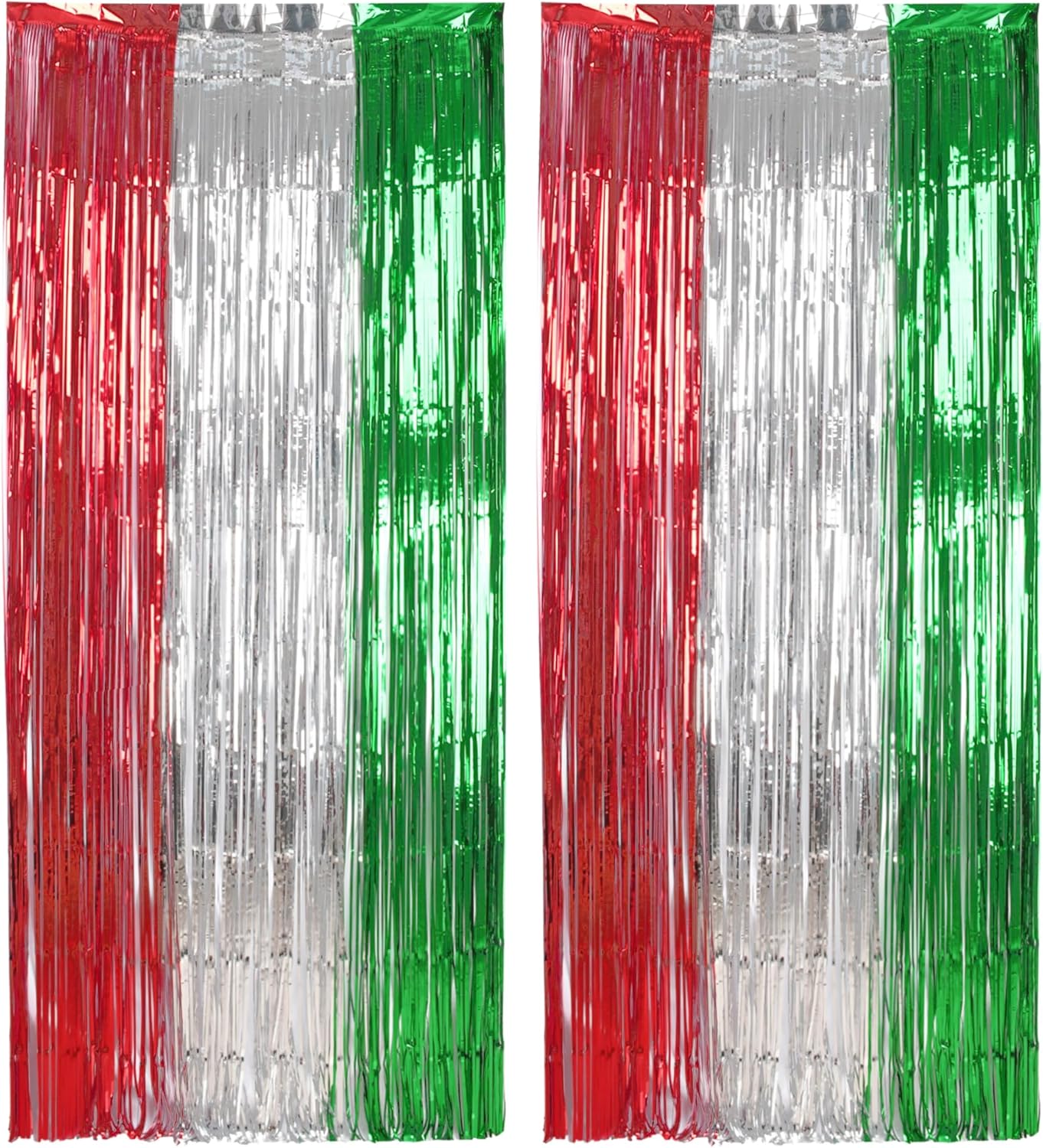 BRAVESHINE 2 Pack Fringe Backdrop Red Silver Green Christmas Party Decorations 3.2 x 6.6 ft Tinsel Foil Curtain Party Streamer Metallic Photo Backdrop for Christmas, New Year Decor