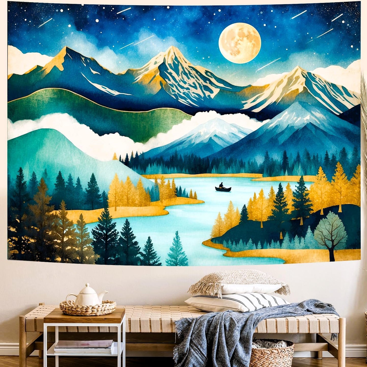 Delur Mountain Tapestry Boho Moon Stars Starry Night Tapestry Wall Hanging Forest Tree Nature Landscape Psychedelic Headboard for Bedroom Living Room Home Decor (51.2" x 59.1")