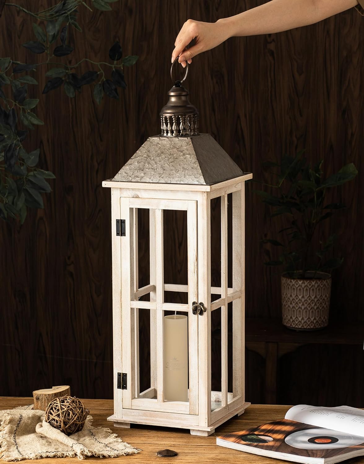 TIMRIS Large Rustic Wooden Decorative Lantern Set of 2, Modern Farmhouse Distressed Whitewash Floor Candle Lanterns, Indoor/Outdoor Hanging Lanterns for Home Decor (No Glass)