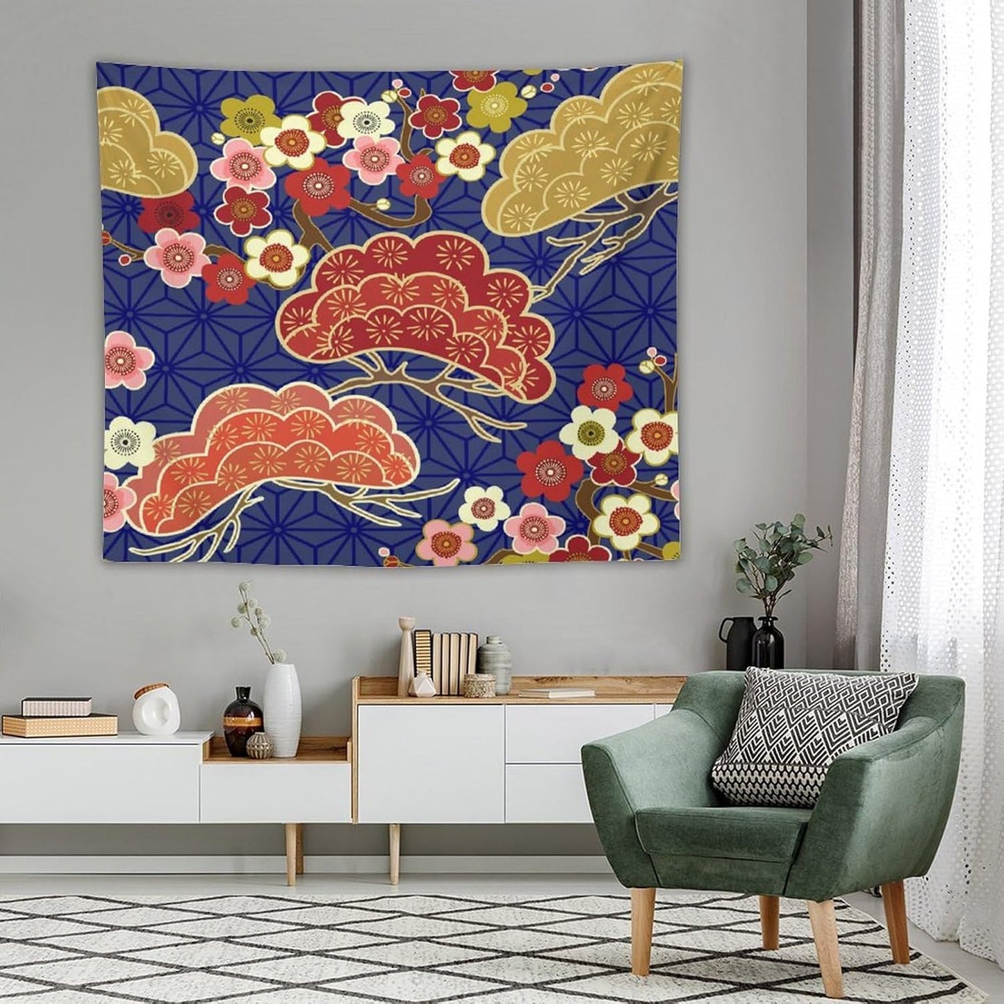 HZOHNAGO Japanese Tapestry Art Abstract Colorful Cherry Blossom Blue Background Pattern Printed Wall Tapestry Painting Wall Hanging for Bedroom Living Room Dorm 60" W x 50" H