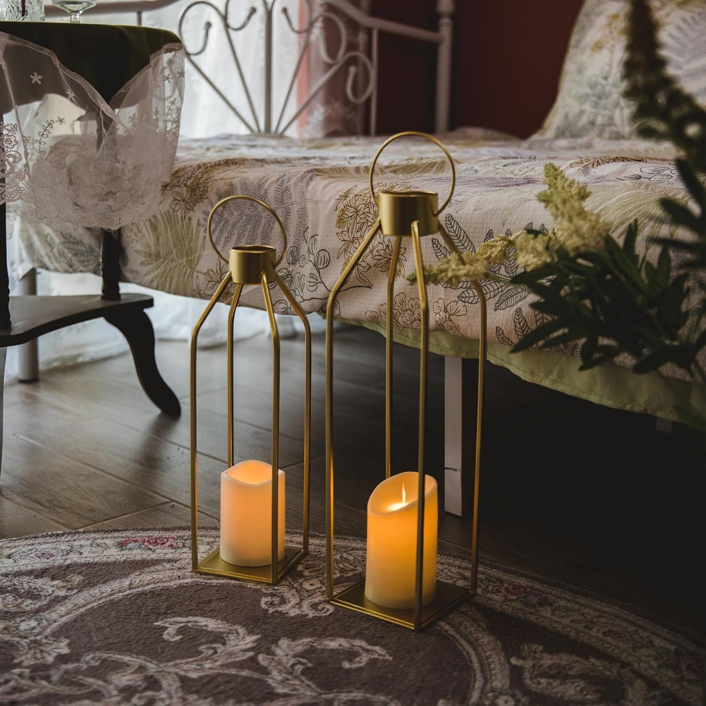 HPC Decor Modern Farmhouse Lantern - 22'' 19'' Large Tall Gold Metal Candle Lanterns with Timer Flickering Candles for Living Room, Outdoor, Fireplace Mantle Decor