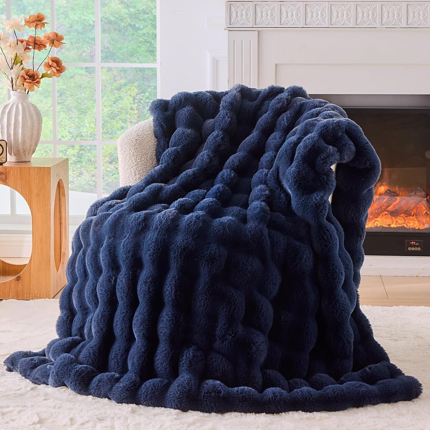 BENVWE Fluffy Faux Fur Throw Blanket for Couch, Soft Plush Thick Cozy Fuzzy Luxury Minky Bubble Blanket for Home Living Room Decor Gift for Women, Navy Blue, 51" x 63", 1100GSM