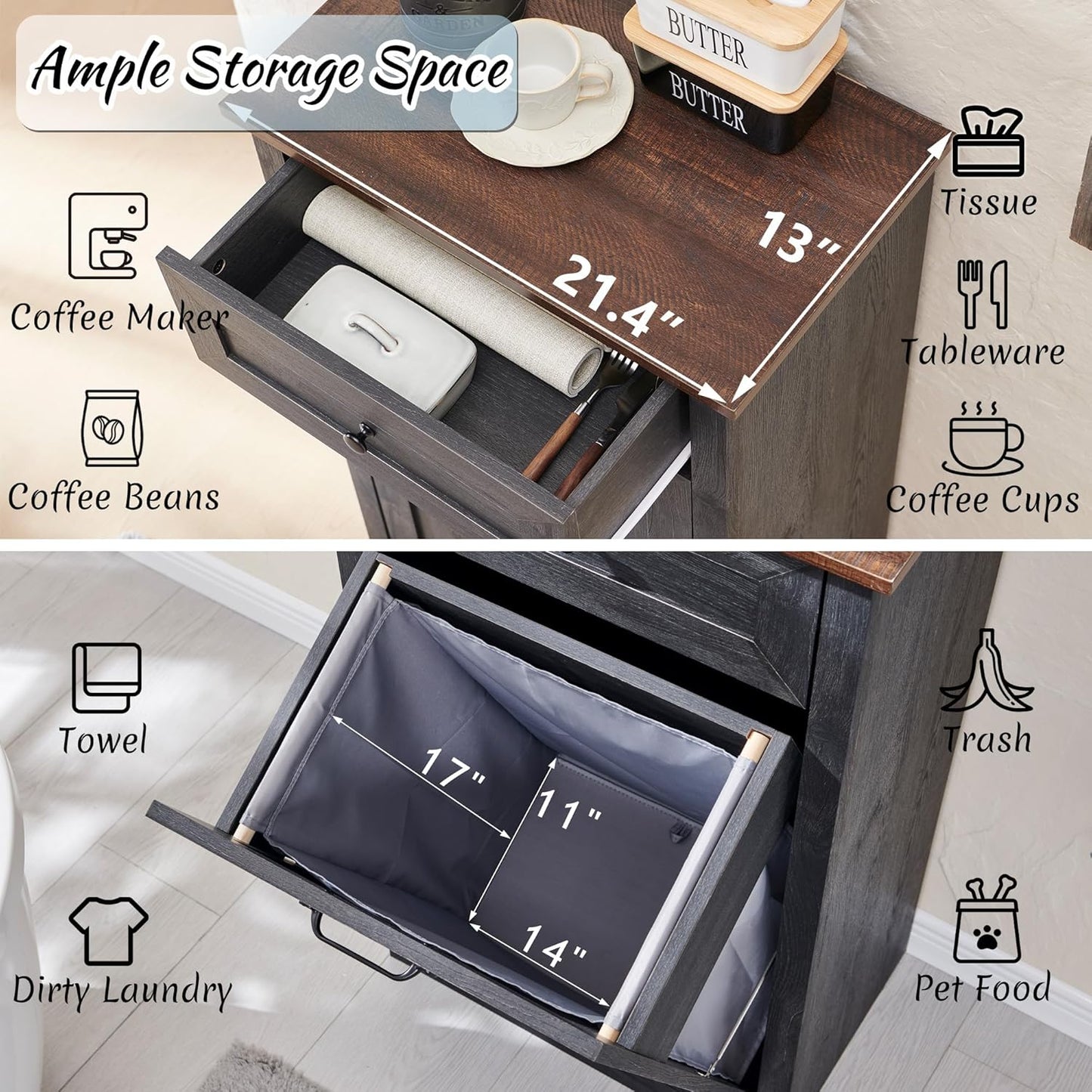 Tilt Out Laundry Hamper Cabinet, 10 Gallon Farmhouse Trash Can Cabinet with Drawer, Hidden Wood Garbage Can Bin Cabinet with Laundry Storage Basket for Bathroom, Kitchen, Dark Grey