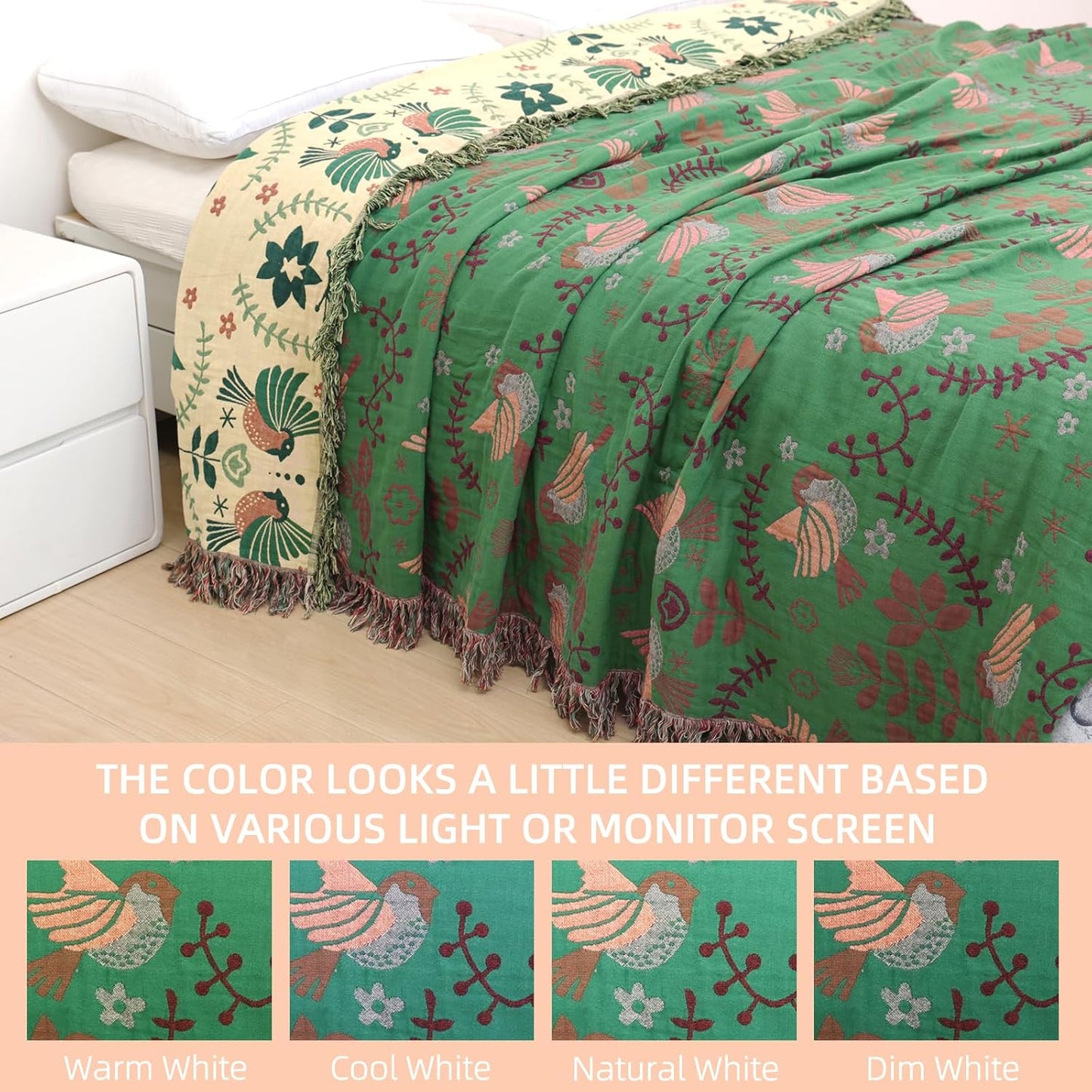 Boho Throw Blanket for Bed, 100% Pure Cotton Ultra Soft Rustic Quilt, Farmhouse Decor Bed Blankets, All Season Rustic Throw for Sofa Couch Chair(80''x 90'', Bird B)