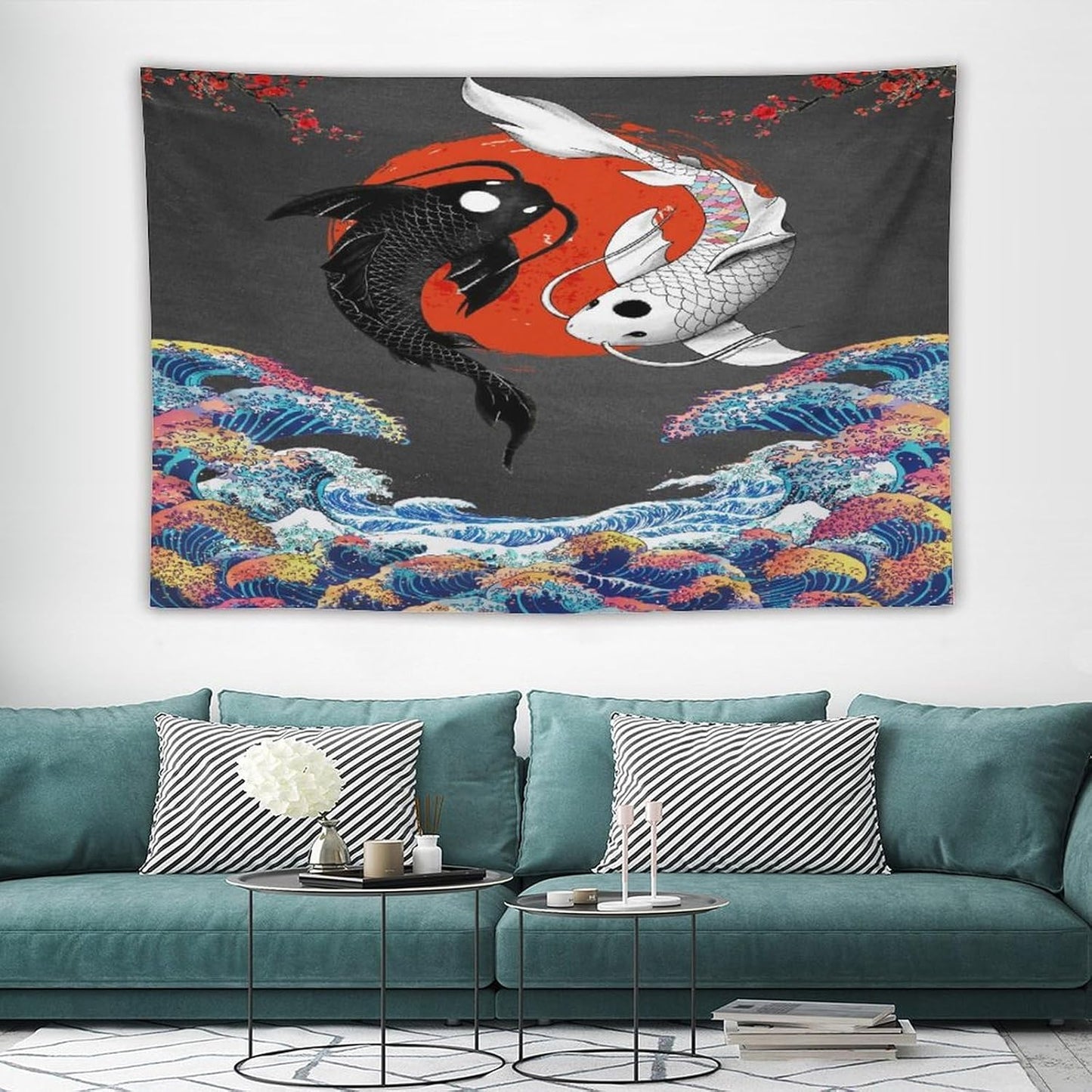 Houselerax Japanese Koi Fish Tapestries, Yin Yang Big Wave Cherry Blossom Tapestry Wall Hanging for Bedroom Living Room Office Decor 90"x60"