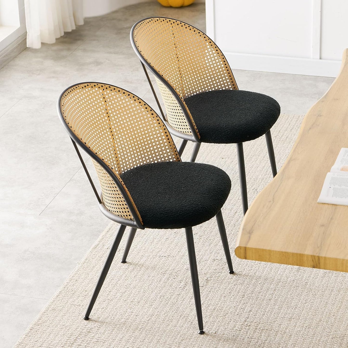 Rattan Dining Chairs Set of 2, Mid-Century Modern Kitchen Dining Room Chairs with Full Cane Backrest Armless Upholstered Farmhouse Boucle Dining Chairs with Metal Leqs for Dining Room, Black