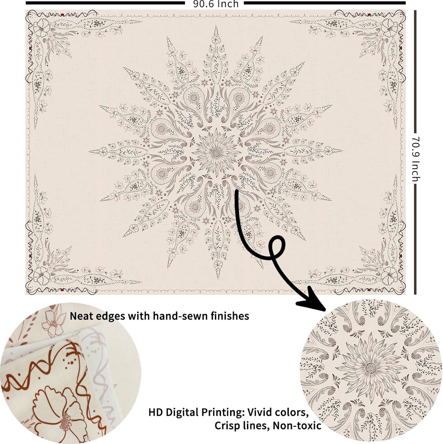 Damanse Floral Tapestry Wall Hanging Cute,Boho Wall Tapestry for Bedroom Aesthetic,Mandala Living Room Decor for Teen Girls (Flaxen, 70.9"x90.6")