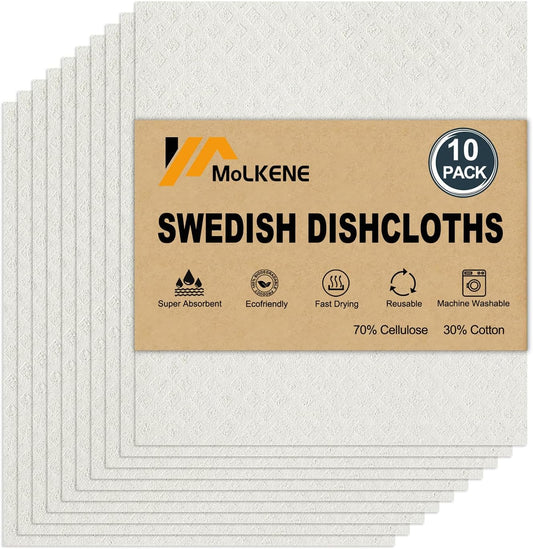 Swedish Dishcloths for Kitchen | 10 Pack Absorbent Cellulose Sponge Cloths Washable | Non-Scratch Reusable Paper Towels Quick Drying Cleaning Rag - White