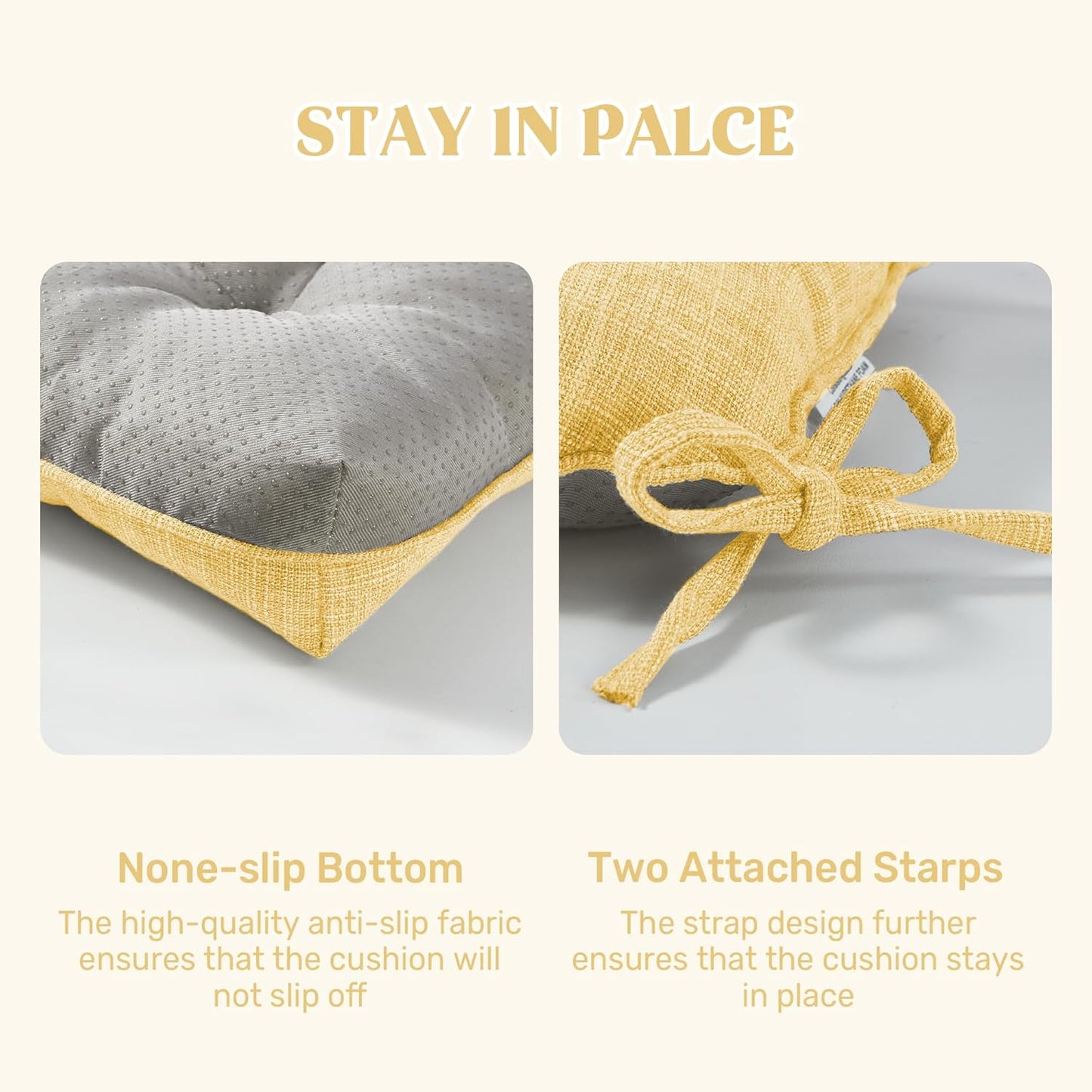 puredown® Chair Cushions for Dining Chairs, Tufted Memory Foam Chair Pads with Non-Slip Backing, Kitchen Seat Cushions with Ties, Washable Pads Set of 4, 15.5" x 15.5" x 4", Yellow