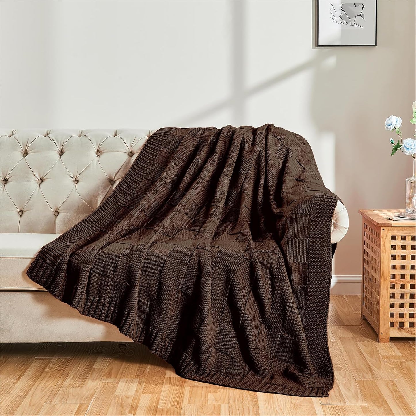 CozeCube Check Knit Throw Blanket, Dark Brown Checkered Throw for Couch, Decorative Christmas Soft Cozy Warm Knitted Blanket for Bed Sofa Living Room, 60"X80"