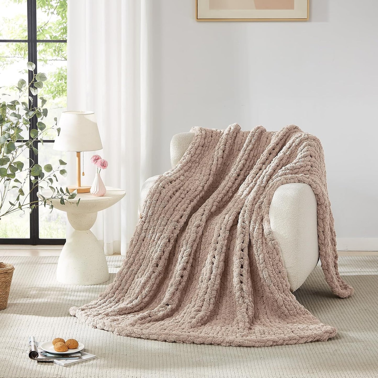 L'AGRATY Chunky Knit Blanket Throw: 72''x84'' Chenille Chunky Knitted Throw Blankets for Bed Couch - Handmade Thick Big Cable Knit Blanket - Large Crochet Rope Blankets for Home Decor(Light Taupe)