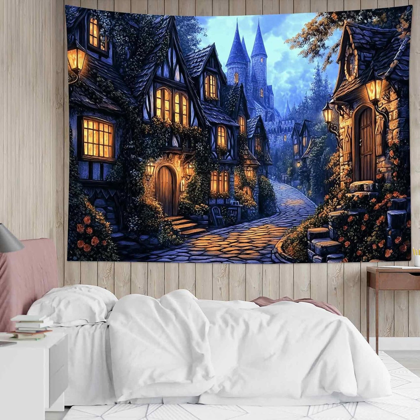 LB Vintage Castle Tapestry, Night Street Old House and Green Tree Wall Tapestry for Bedroom Aesthetic, Village Gothic Wall Art for Living Room Dorm Home Decor Ready to Hanging, 60 x 40 Inches