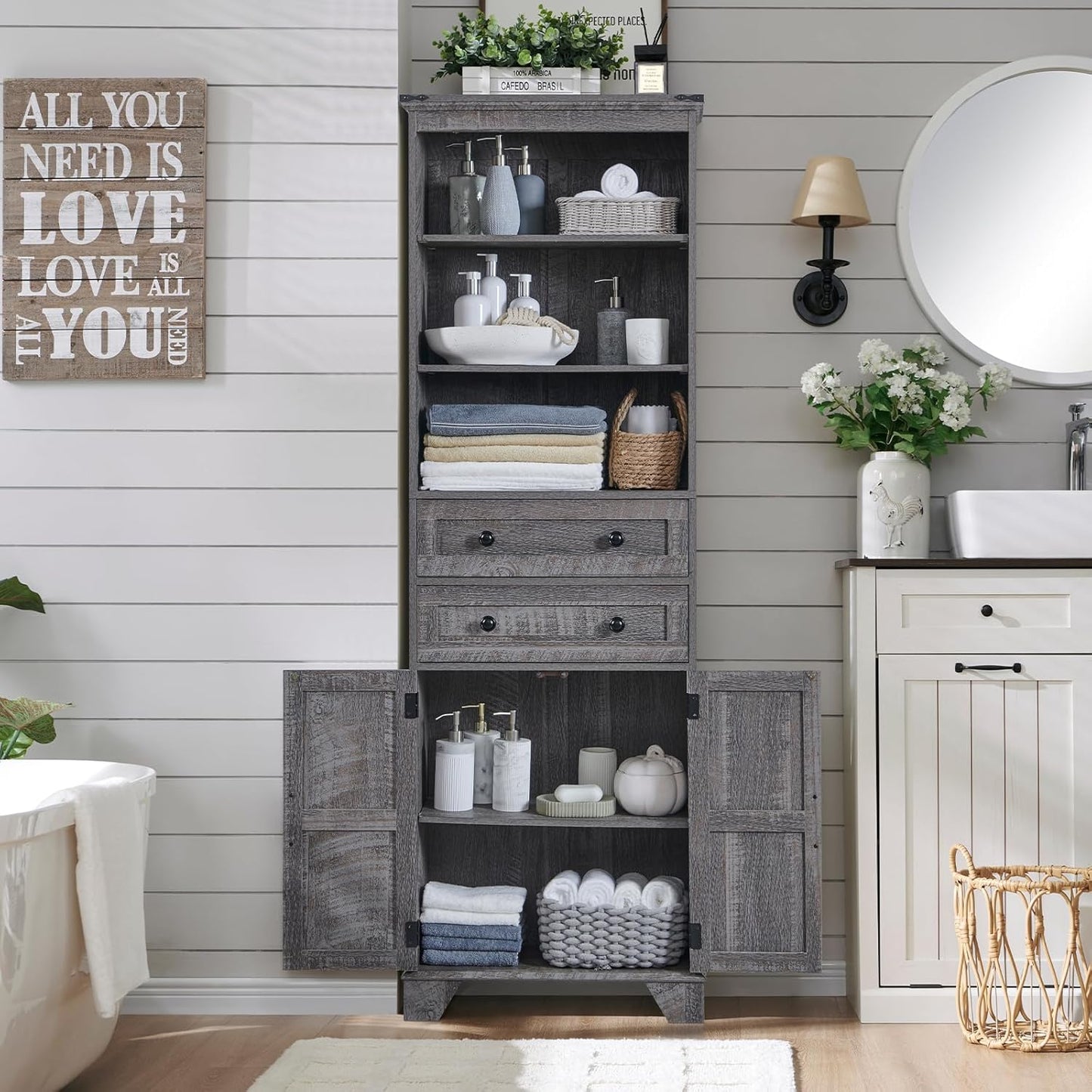Bathroom Storage Cabinet, 72" Tall Farmhouse Storage Cabinet with 2 Drawers, Adjustable Shelves & Barn Door, Cabinet for Bathroom, Living Room, Kitchen, Grey Wash