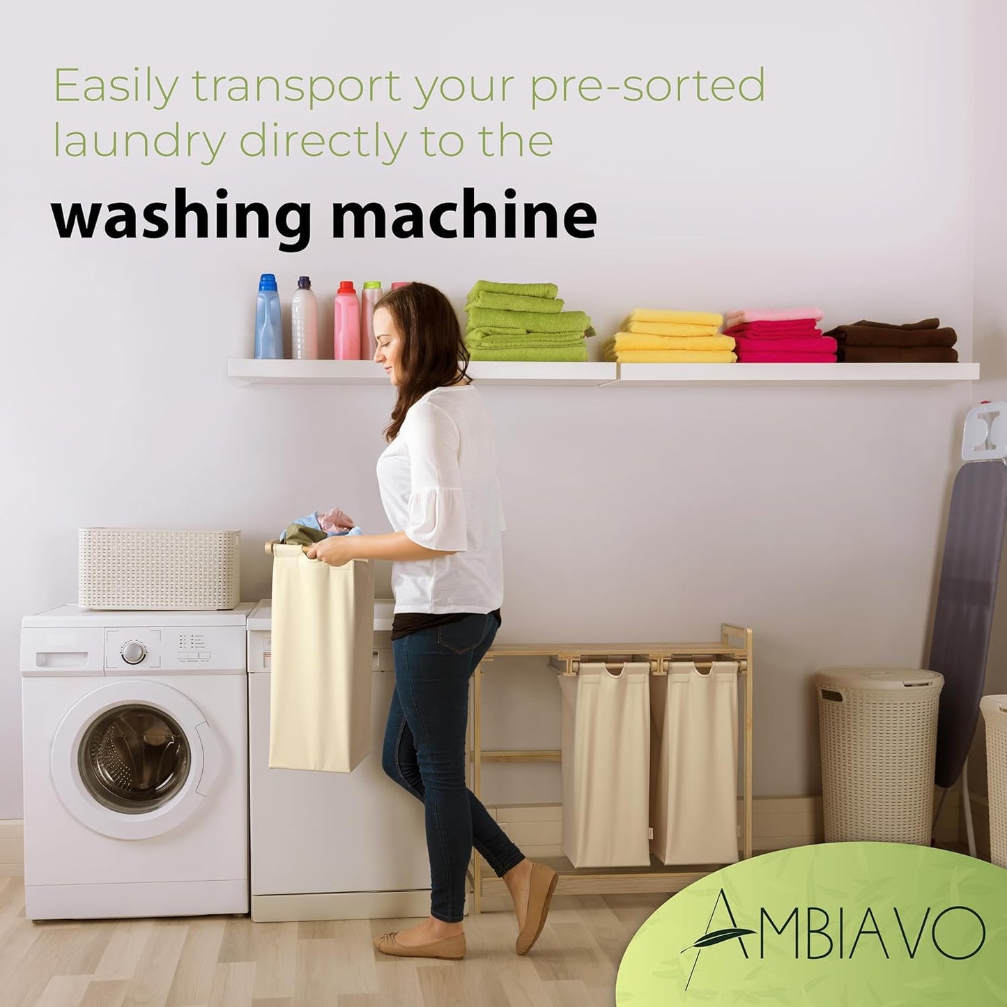 Laundry Hamper 3 Section beige - Large Bamboo Laundry Sorter with Removable Cotton Bags -Three Compartment Organizer for Clothes - Durable, Eco-Friendly, and Stylish Storage Solution for Home