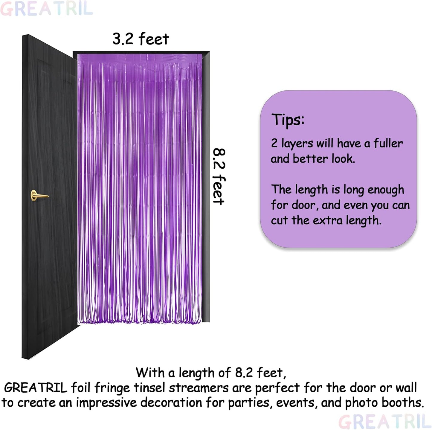 Purple Foil Fringe Party Backdrop - GREATRIL Party Streamers for Mermaid/Butterfly/Wednesdays/Star Birthdays Party Decoration - 3.2ft X 8.2ft - 2 Packs