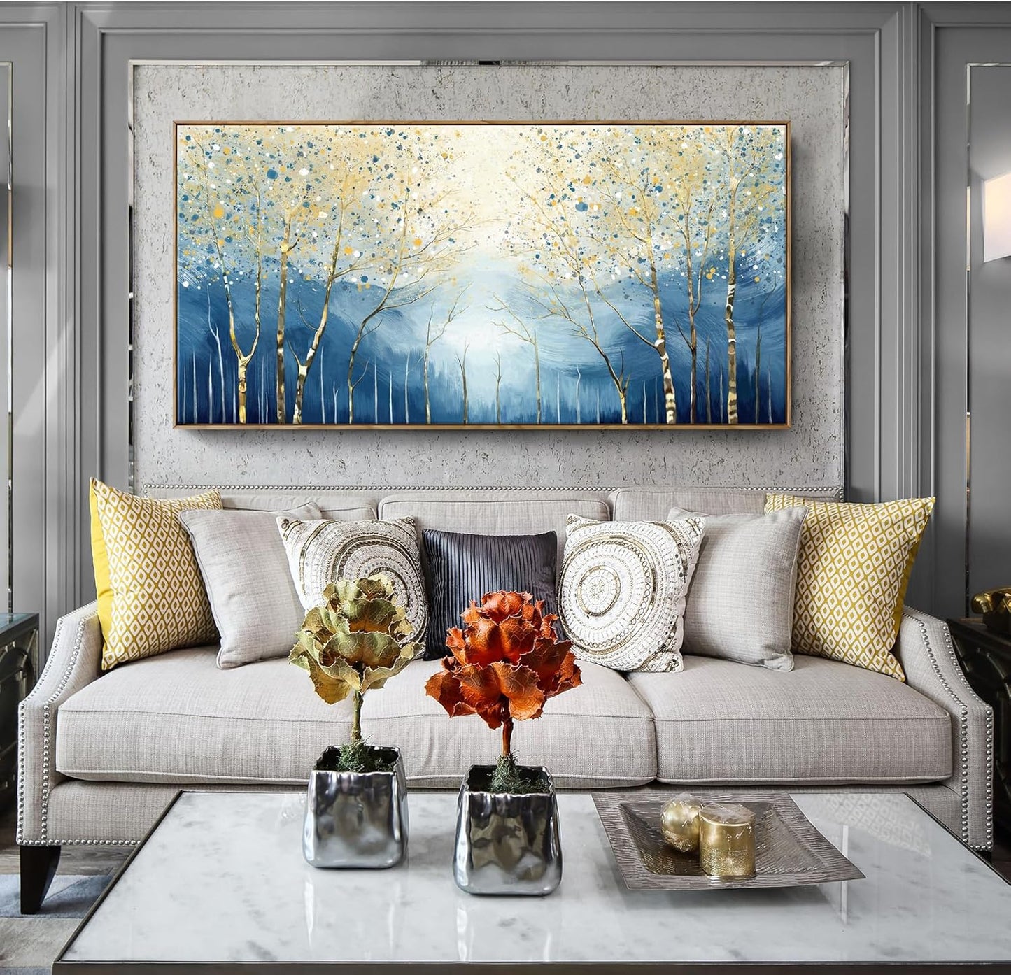 amatop Extra Large Framed Wall Picture for Living Room Abstract Forest Canvas Art Print Modern Landscape Tree of Life Picture Oversized Birch Artwork Bedroom Home Office Decor Blue Orange 58x29 Inch