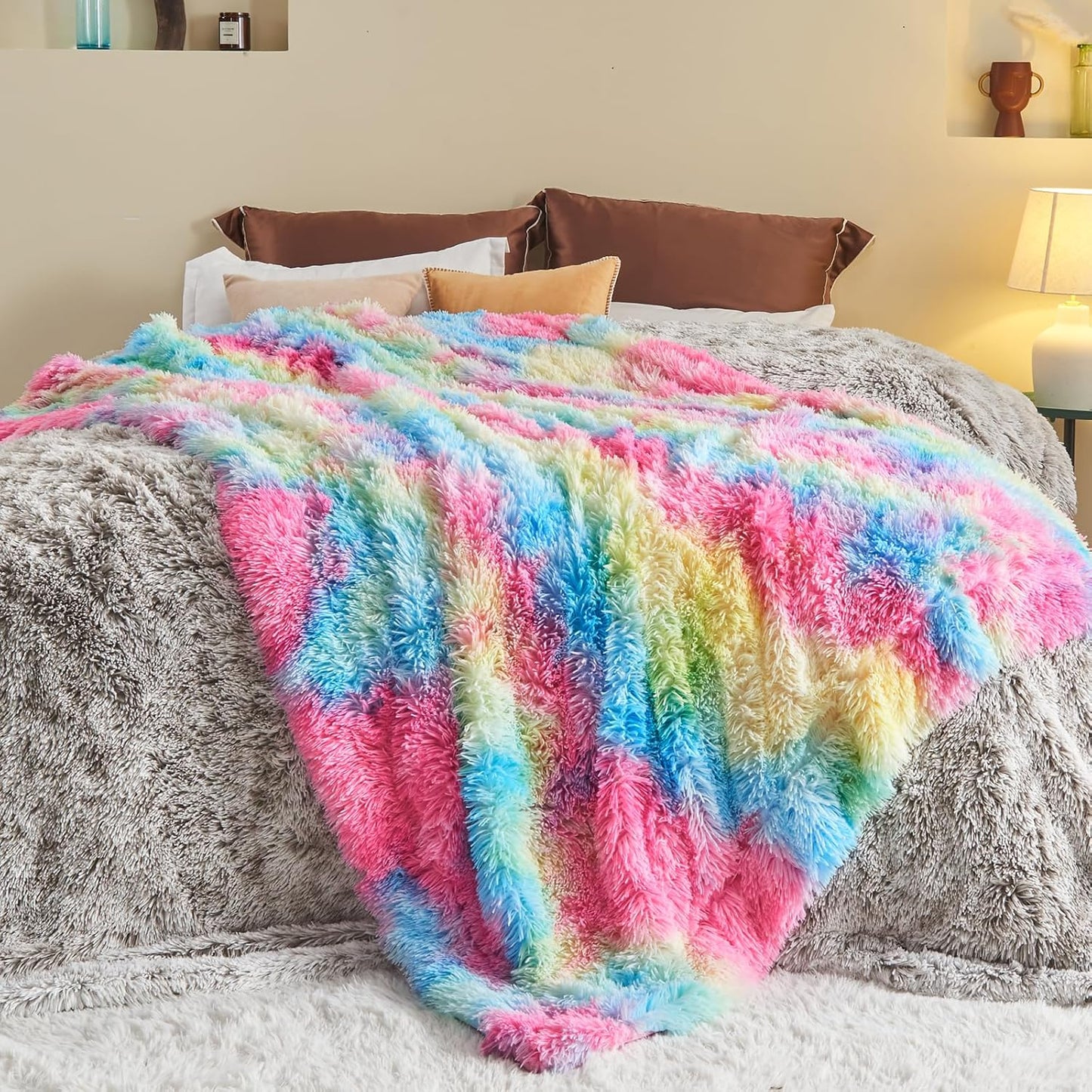 GONAAP Fuzzy Faux Fur Throw Blanket Dark Rainbow Super Soft Cozy Plush Fuzzy Shaggy Blanket for Couch Sofa Bed (Dark Rainbow, Throw(50"x60"))