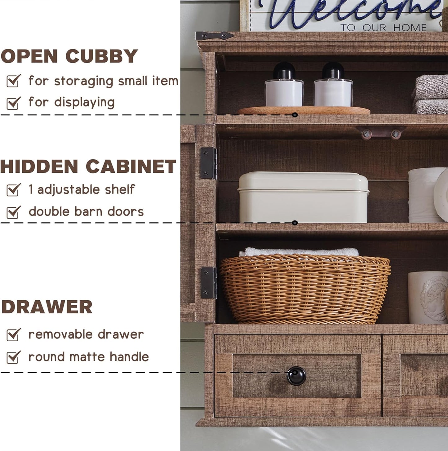 Bathroom Wall Cabinet, Farmhouse 24" Wide Medicine Cabinet with Drawer, Adjustable Shelf, Double Barn Doors, Storage Cabinets for Bathroom, Kitchen, Living Room, Rustic Brown