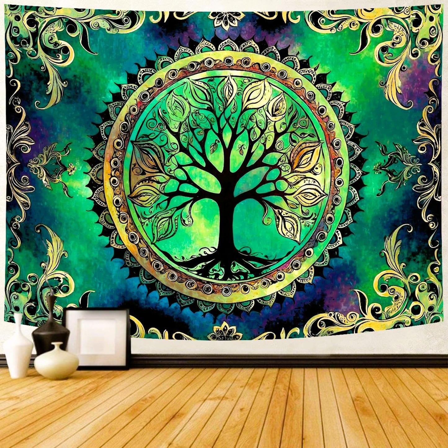 Delur Tree of Life Tapestry Green Nature Bohemian Mandala Spiritual Tapestry Wall Hanging Mystical Landscape Hippie Psychedelic Headboard for Bedroom Living Room Home Decor (59.1" x 78.7")