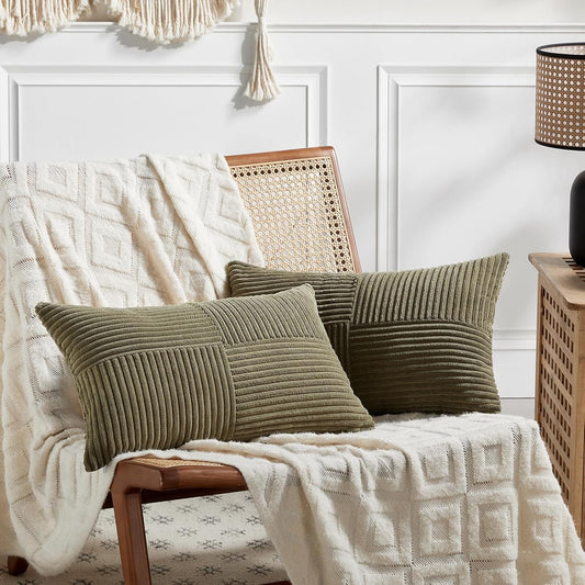 Fancy Homi 2 Packs Olive Green Lumbar Decorative Throw Pillow Covers 14x24 Inch for Couch Bed, Farmhouse Boho Home Decor, Soft Striped Corduroy Rectangle Accent Cushion Case 35x60 cm