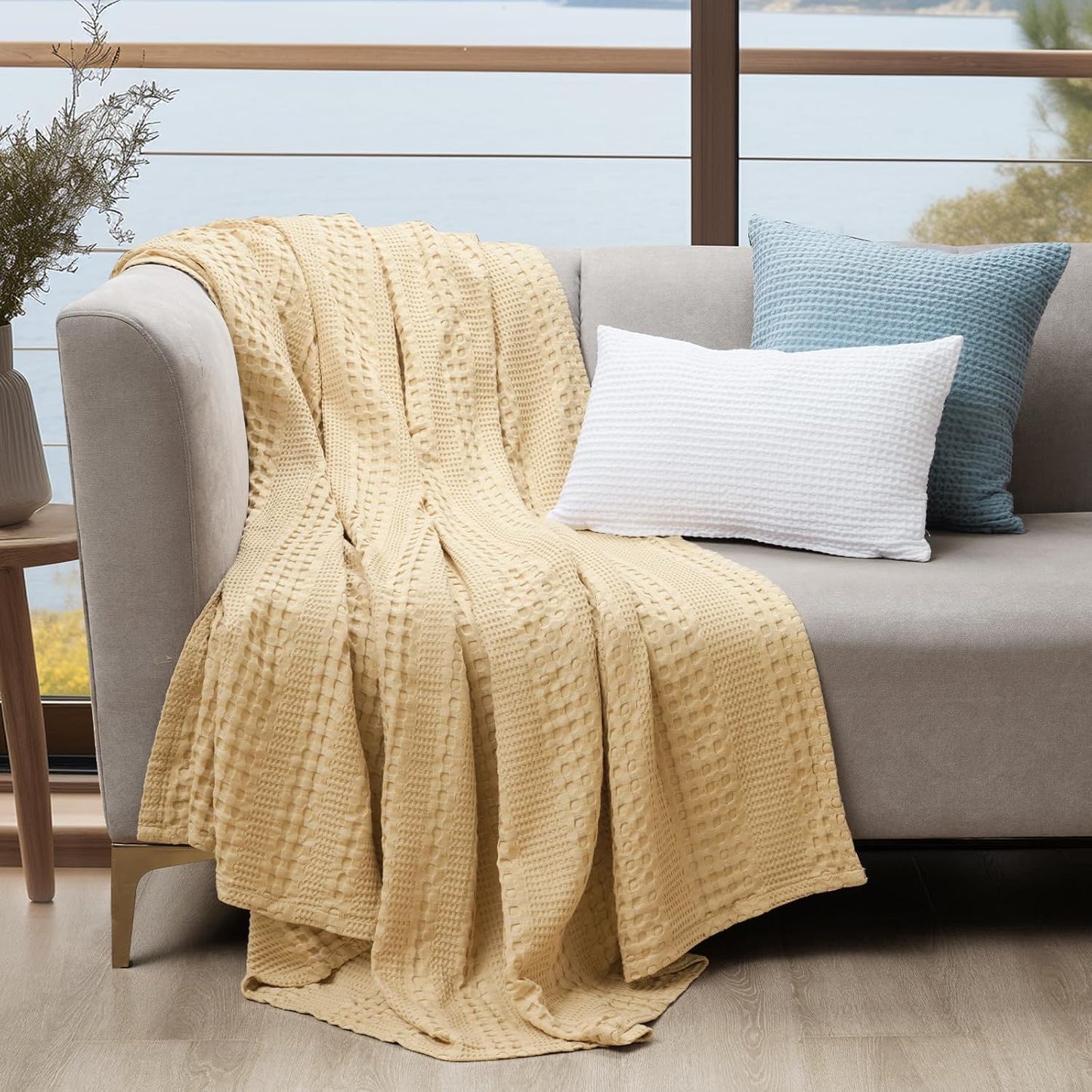 PHF Cooling Waffle Blanket King Size, Lightweight 60% Rayon Derived from Bamboo & 40% Cotton Breathable Blanket for Hot Sleepers, Soft and Luxury for Bed Couch and Sofa, 104"x90", Beige