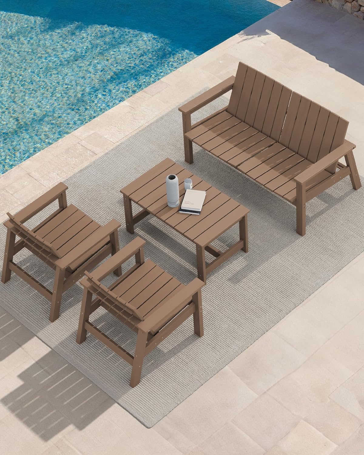 SERWALL Patio Coffee Table, HDPE Rectangle Outdoor Coffee Table, Brown