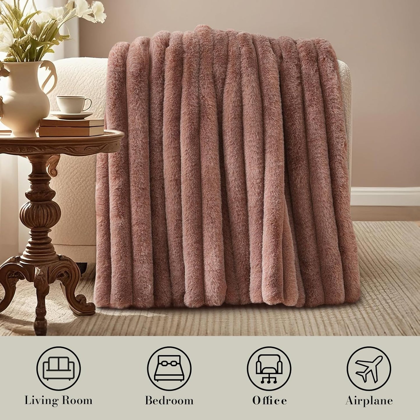Amélie Home Faux Fur Throw Blanket for Couch, Ultra Cozy Fuzzy Fluffy Fur Luxurious Soft Striped Plush Gift Blankets for Family Sofa Chair Bed Living Room Bedroom, 60"x80", Ionic Fox Brown