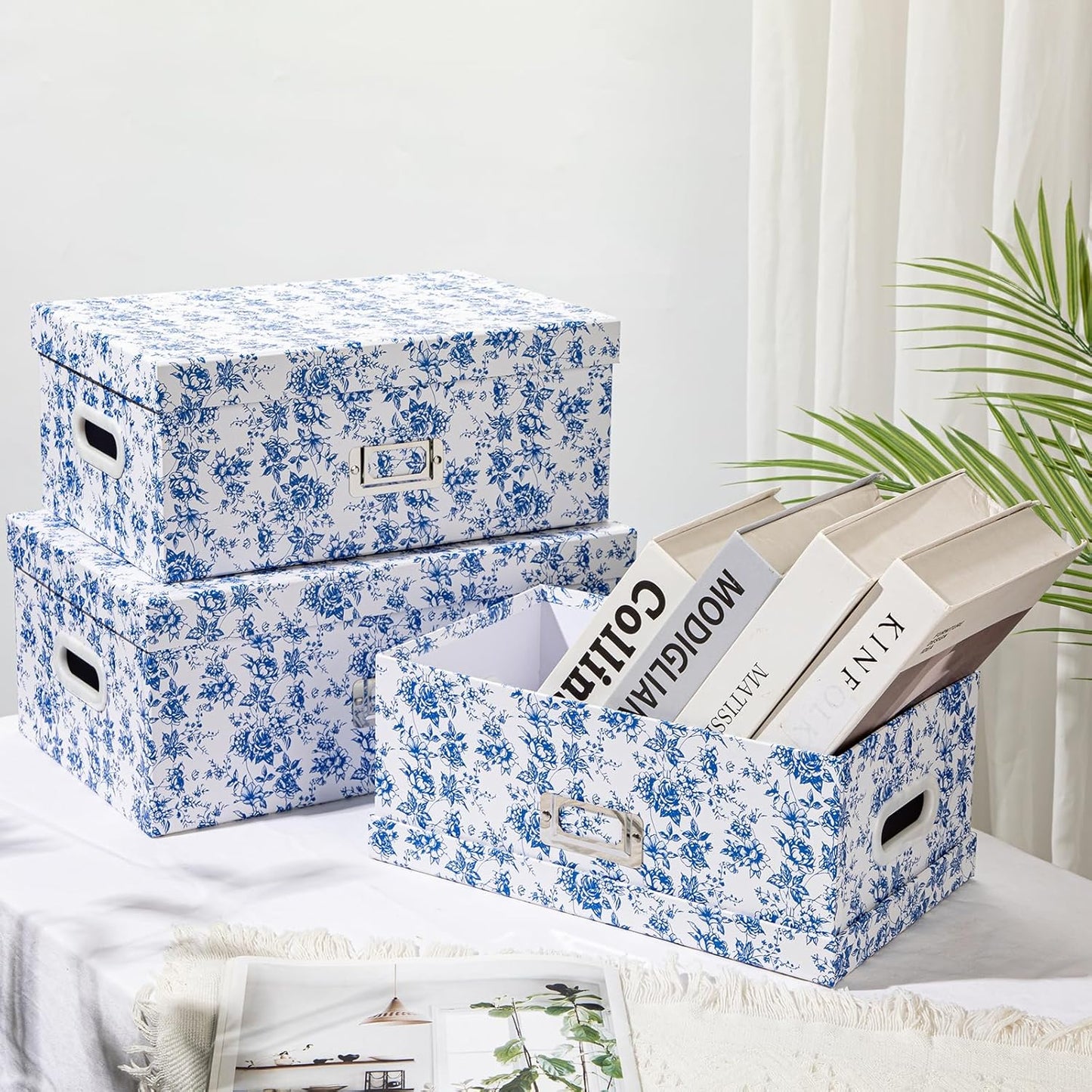 Briful Set of 4 Blue and White Storage Boxes with Lids – Photo Boxes Elegant Floral Nesting Organizer Bins, 14''/13''/12.2''/7.5'' Set Decorative Cardboard Gift Boxes for Home or Office Use