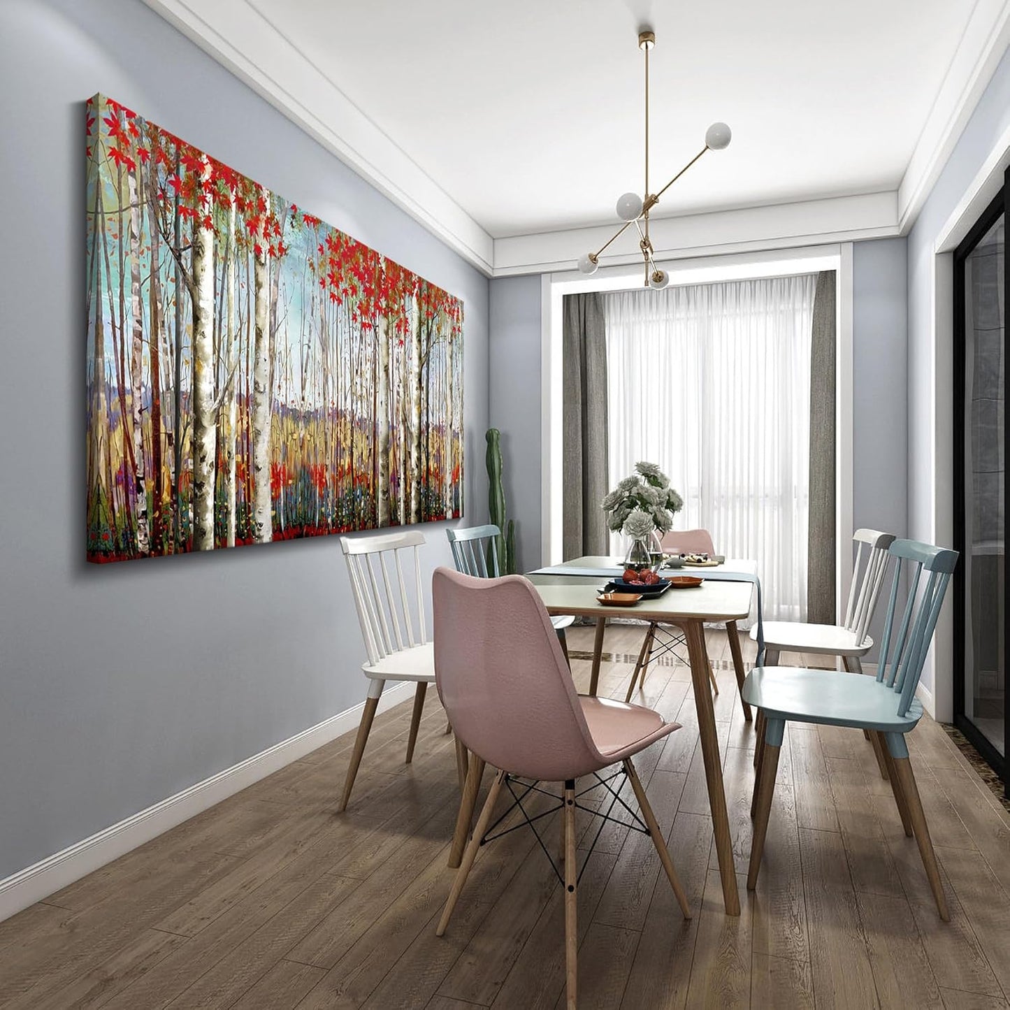 Canvas Wall Art for Living Room Bedroom Modern Wall Decor of Red Leaves White Birch Tree Forest Painting Artwork Wall Decoration 29x58 Large Size with Wood Framed Easy to Hang for Home