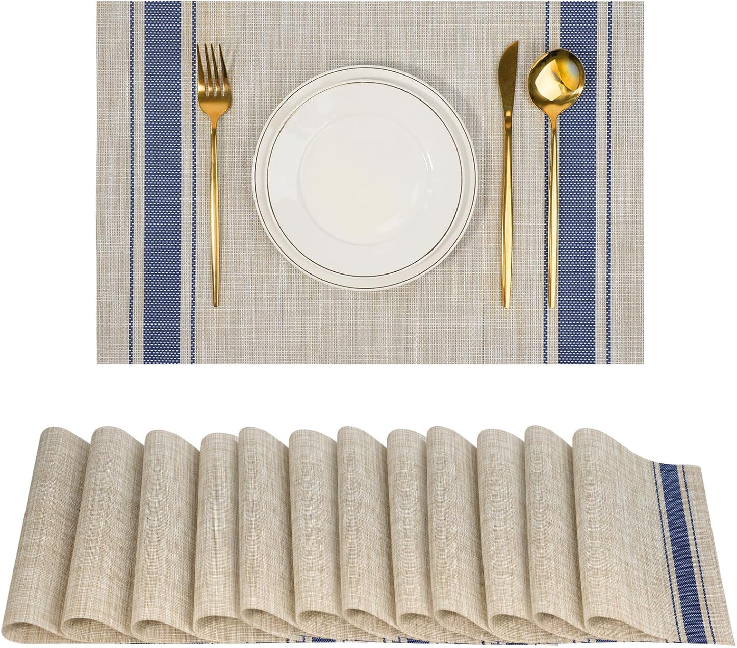 Placemats Set of 12，Non-Slip PVC Weave Table Mats Easy to Clean，Heat Resistant Place Mats for Kitchen Dining Table Decoration Indoor Outdoor，Khaki Blue