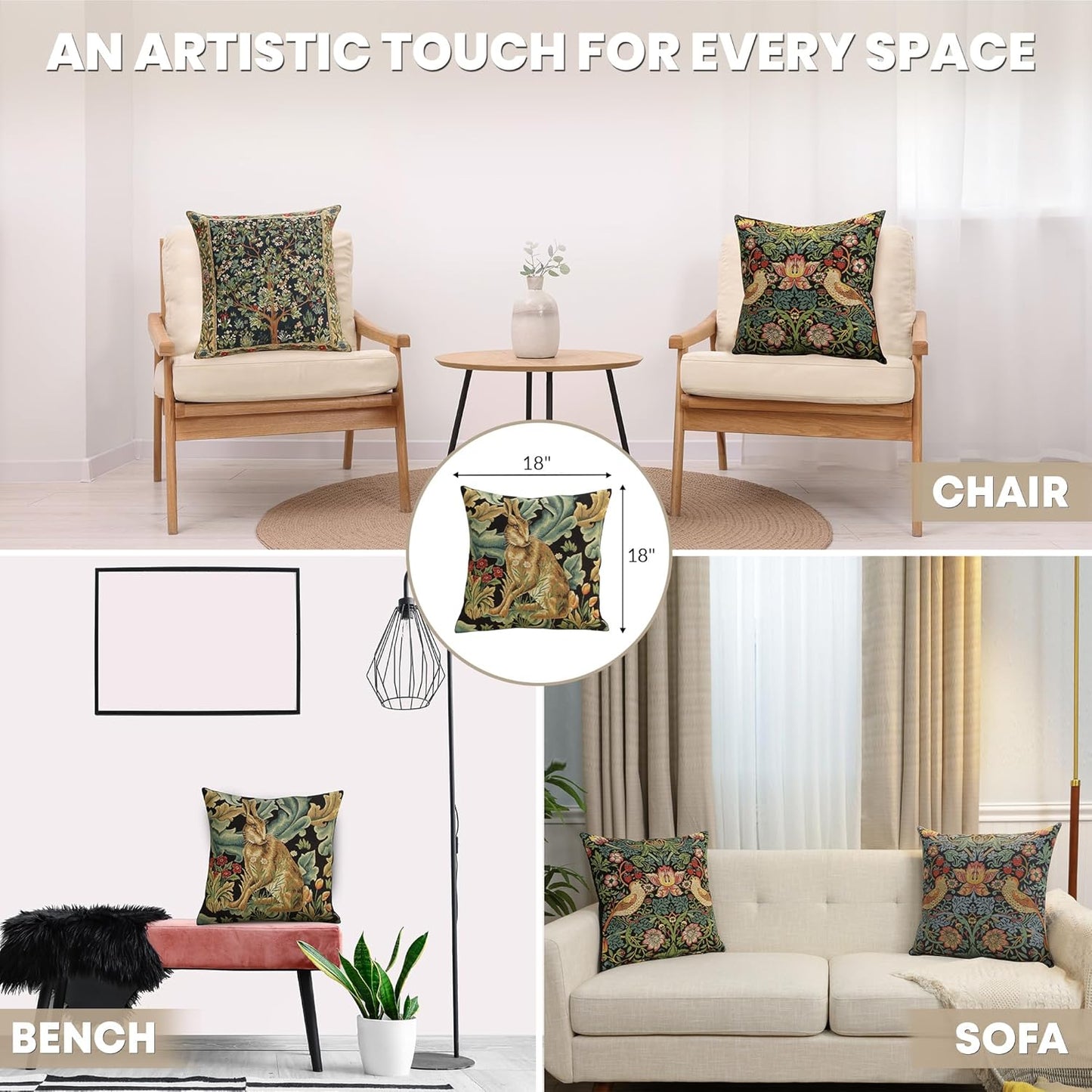 Charlotte Home Furnishings Throw Pillow Covers, Decorative Boho Pillow Covers for Couch, Living Room, Brown Hare Square Cushion Cases 18x18 in, European Cotton Jacquard Woven for Cozy Bedroom Decor