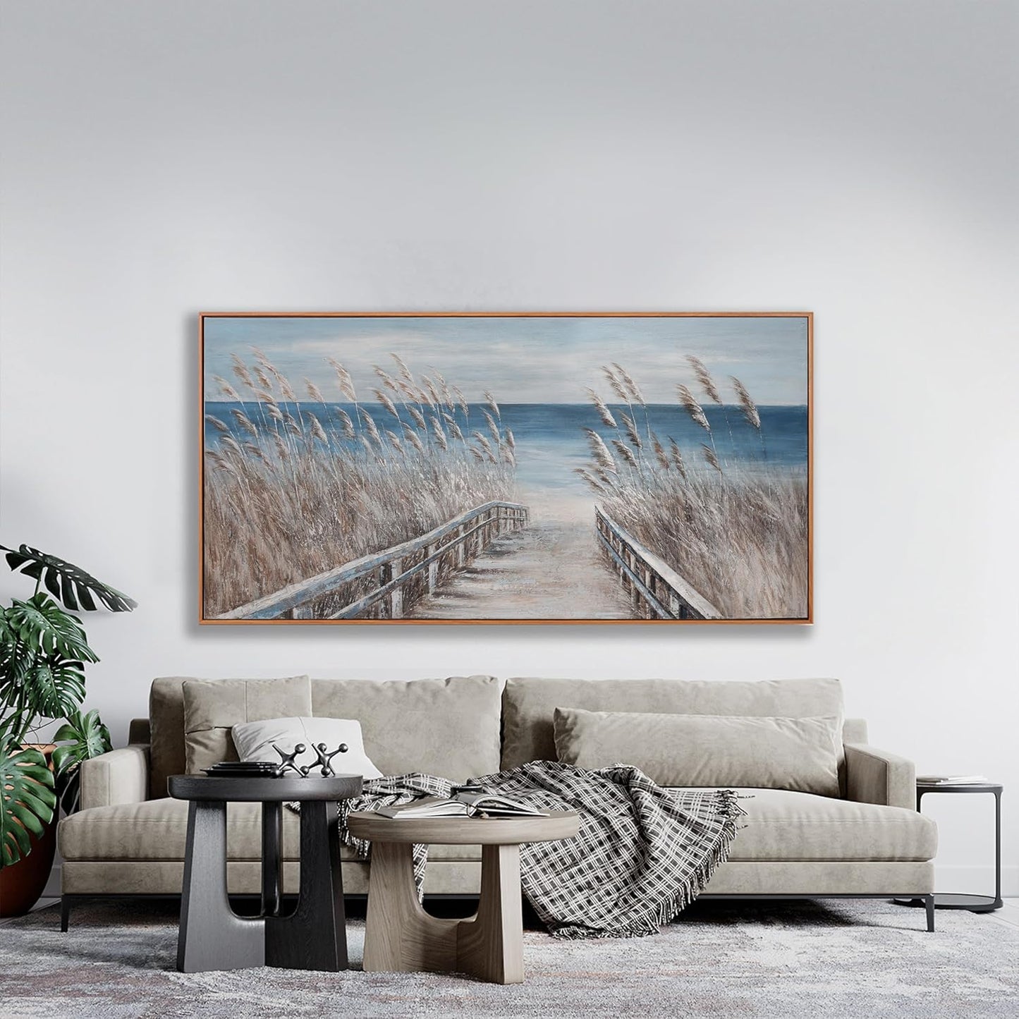 Wall Art Decor Wall Canvas Painting Reed And Blue Coast Landscape Decor Framed For Living Room Bedroom Dining Room Home Office Modern Abstract Artwork Home Decoration 24"x48"