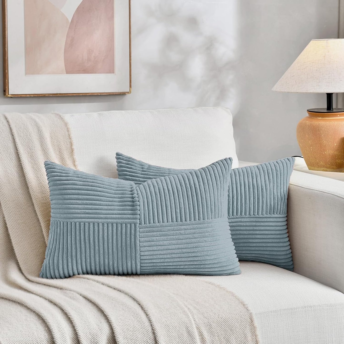 Fancy Homi Set of 2 Light Blue Long Lumbar Decorative Throw Pillow Covers 12x24 Inch for Couch Bed Sofa, Rustic Farmhouse Boho Home Decor, Soft Striped Corduroy Rectangle Accent Cushion Case 30x60 cm