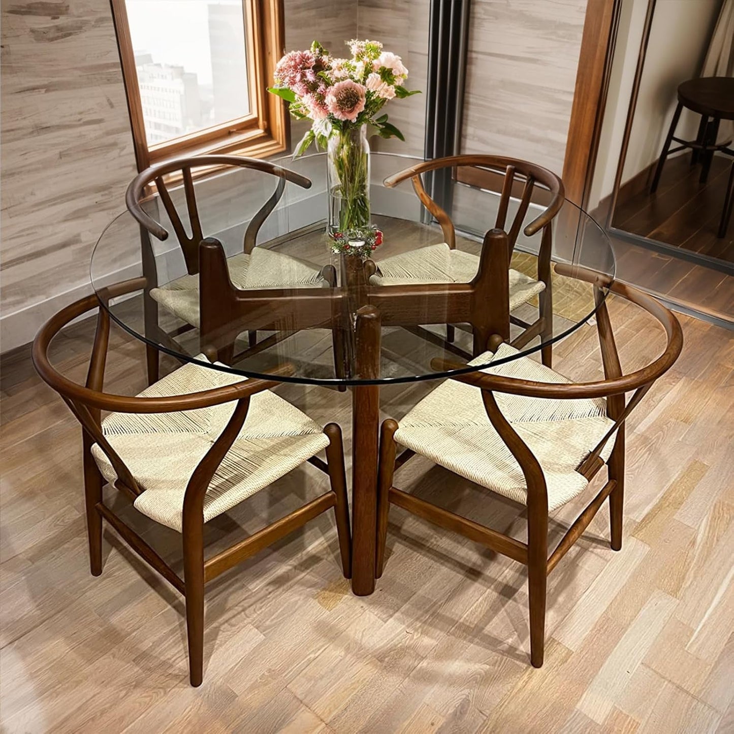 Wishbone Chair Natural Solid Wood Dining Chair/Hans Vegner Y Chair Rattan and Wood Accent Armrest Chairs Set of 4(Ash Wood - Walnut)