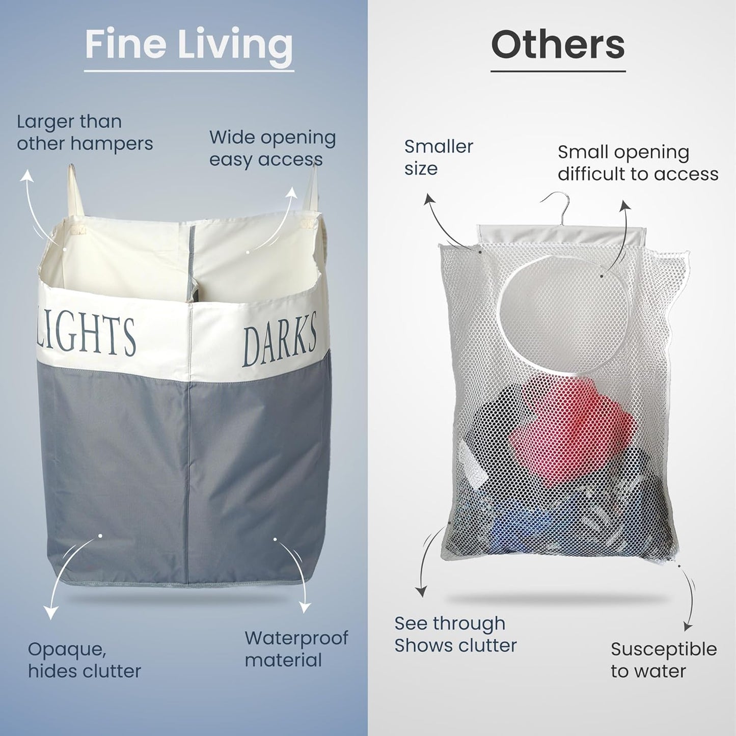 The Fine Living Co. X-Large Two Compartments Hanging Laundry Hamper with Over Door Hooks, Durable Space Saving Laundry Bag Storage with Bottom Zipper, Wide Open Top Dark/Light Compartment(25"x10"x31")