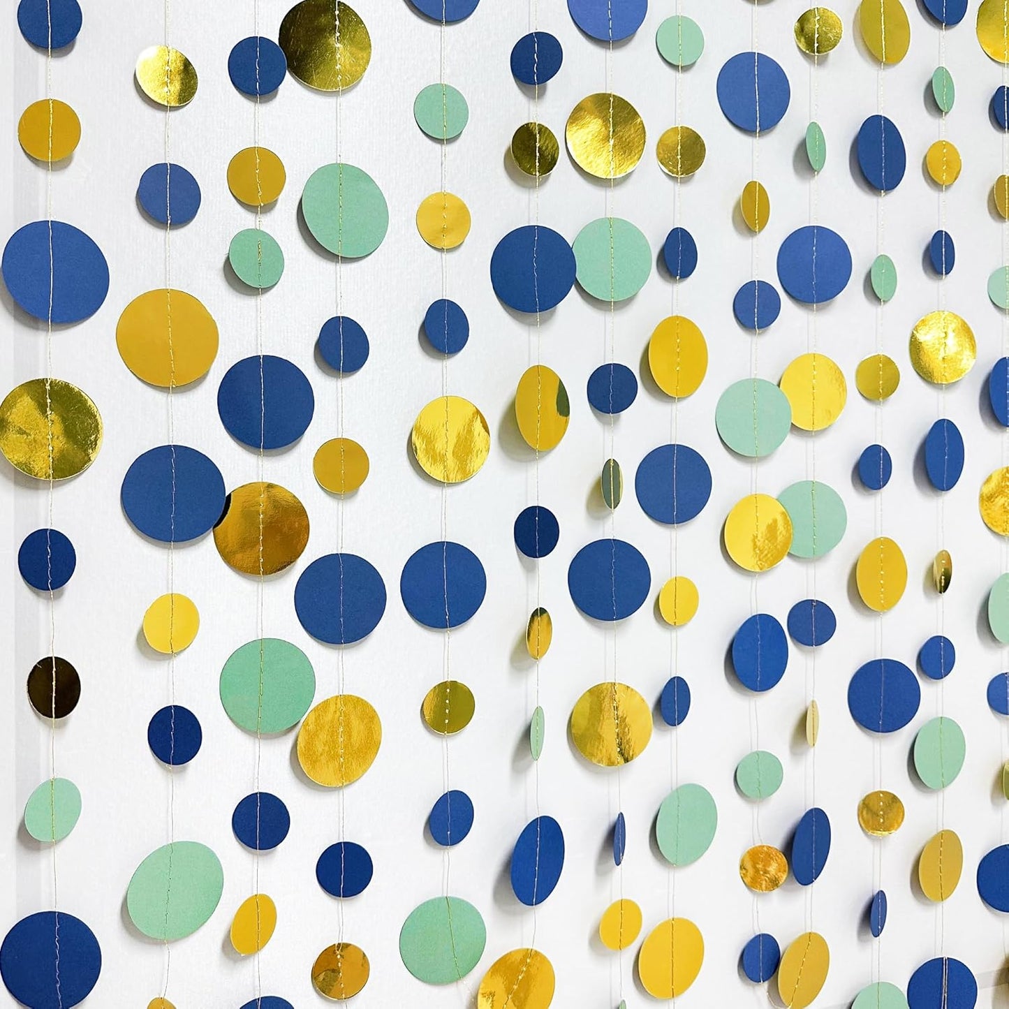 Blue Gold Green Decorations Circle Dots Garland Metallic Gold Navy Blue with Sage Green Hanging Polka Dot Streamer for Birthday Baby Shower Bridal Shower Wedding Bachelorette Engagement Party Supplies