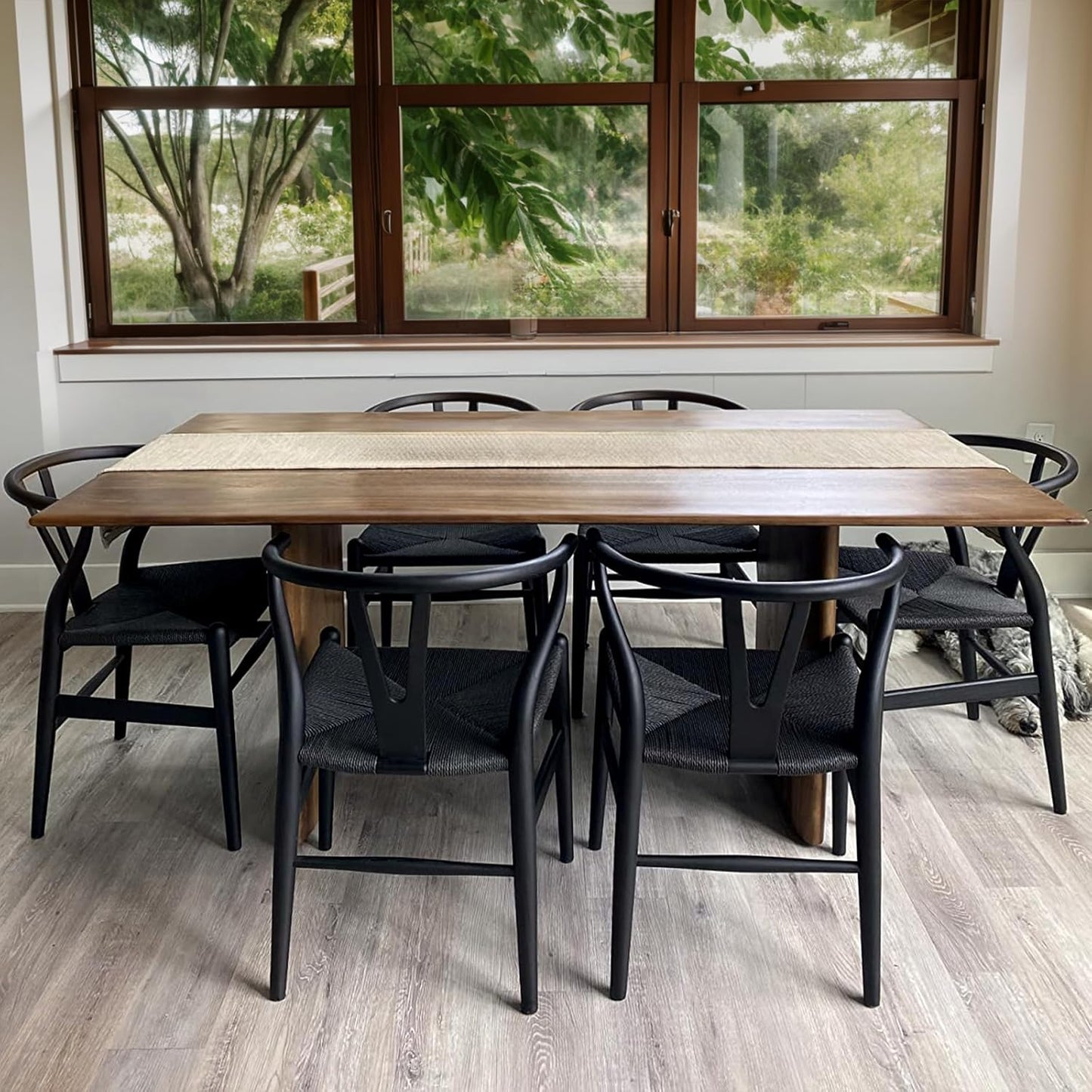 Wishbone Chair Natural Solid Wood Dining Chair/Hans Vegner Y Chair Rattan and Wood Accent Armrest Chairs Set of 2 (Ash Wood - Black)