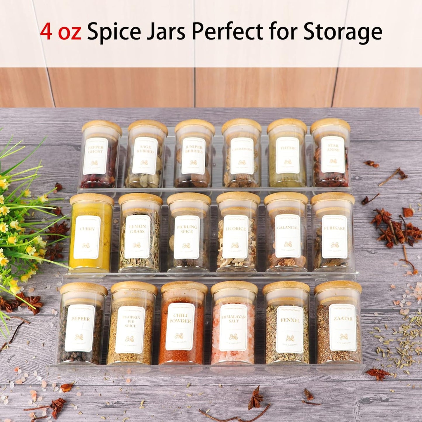 Spice Jars with Labels, 35 Pcs 4 oz Glass Spice Jars with Bamboo Lids, Minimalist Stackable Airtight Spice Containers with 426 labels for Home Kitchen, Pantry, Spice Cabinet, Drawer, Rack