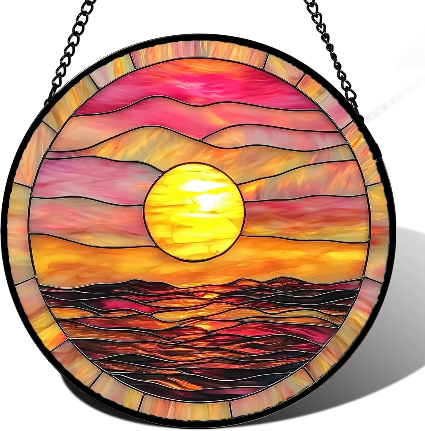 Stained Glass Window Hanging, Sunrise Sea Surface Sun Catchers Diamond Glass Panel Hangings Abstract Suncatcher Decor for Birthday for Women, Men, Wife, Aunt, and Mom 14.9 in