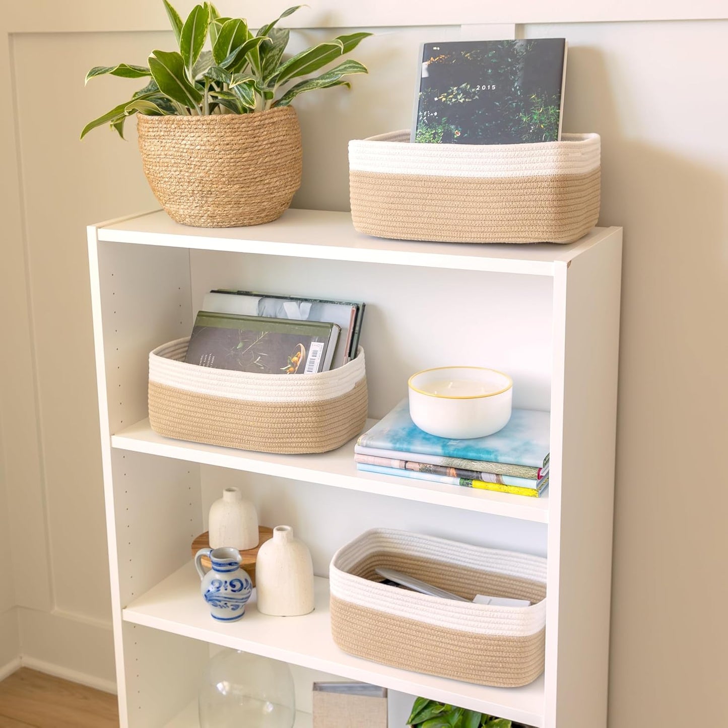 NaturalCozy 13.5”x8.5”x5.5” Storage Baskets for Shelves 3 Pack | Cotton Rope Woven Small Baskets for Organizing | Small Storage Bins for Nursery, Bathroom, Closet, Cube Shelf, Decorative, Gift