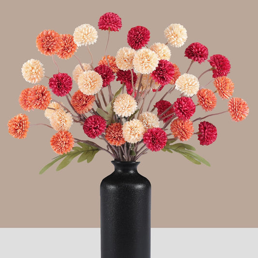 Faux Kiku Flowers Fall 10 Stems & 2 Eucalyptus, Fake Mums Pompon Flower Ball, Autumn Burnt Orange Artificial Chrysanthemums Flowers for Boho Decor, Mini Faux Kiku Flower Wedding Arrangements Decor