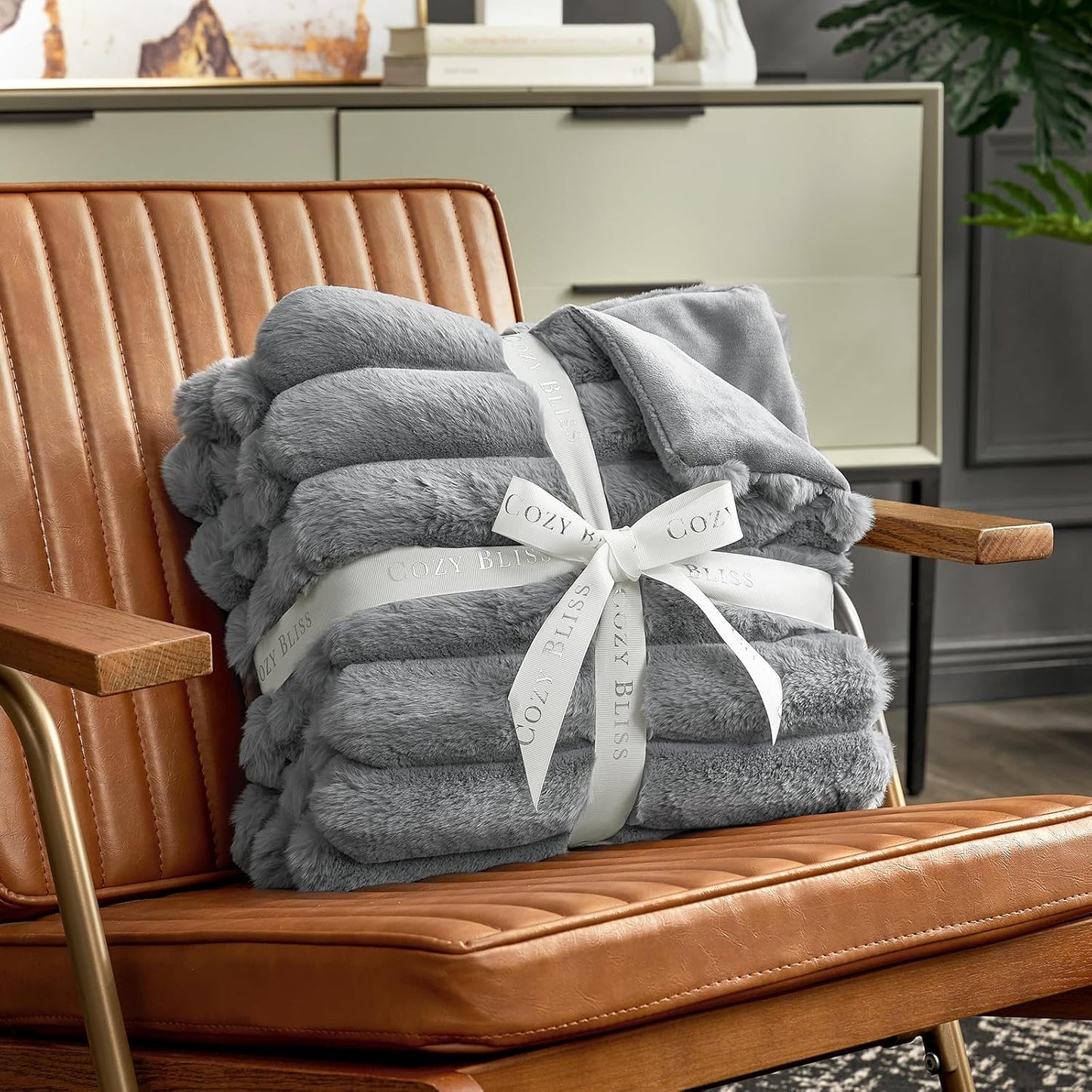 Cozy Bliss Faux Fur Throw Blanket for Couch, Cozy Warm Plush Striped Blanket for Sofa Bedroom Living Room,60 * 80 Inches Grey