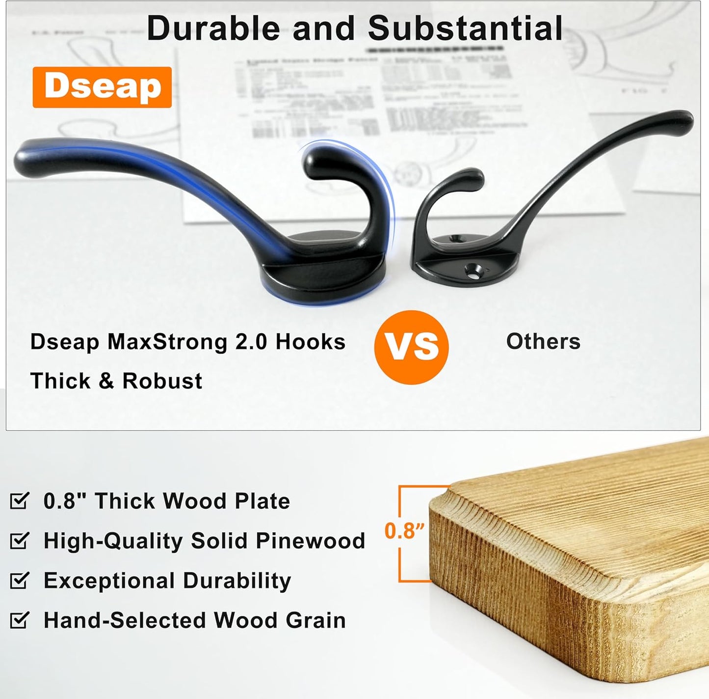 Dseap Wall Mounted Coat Rack: 24" Long, Patented, Heavy-Duty, 6-Double-Hooks Wooden Hanger Rail for Winter Coats, Hat, Jacket, Clothing - Black, Pack of 2