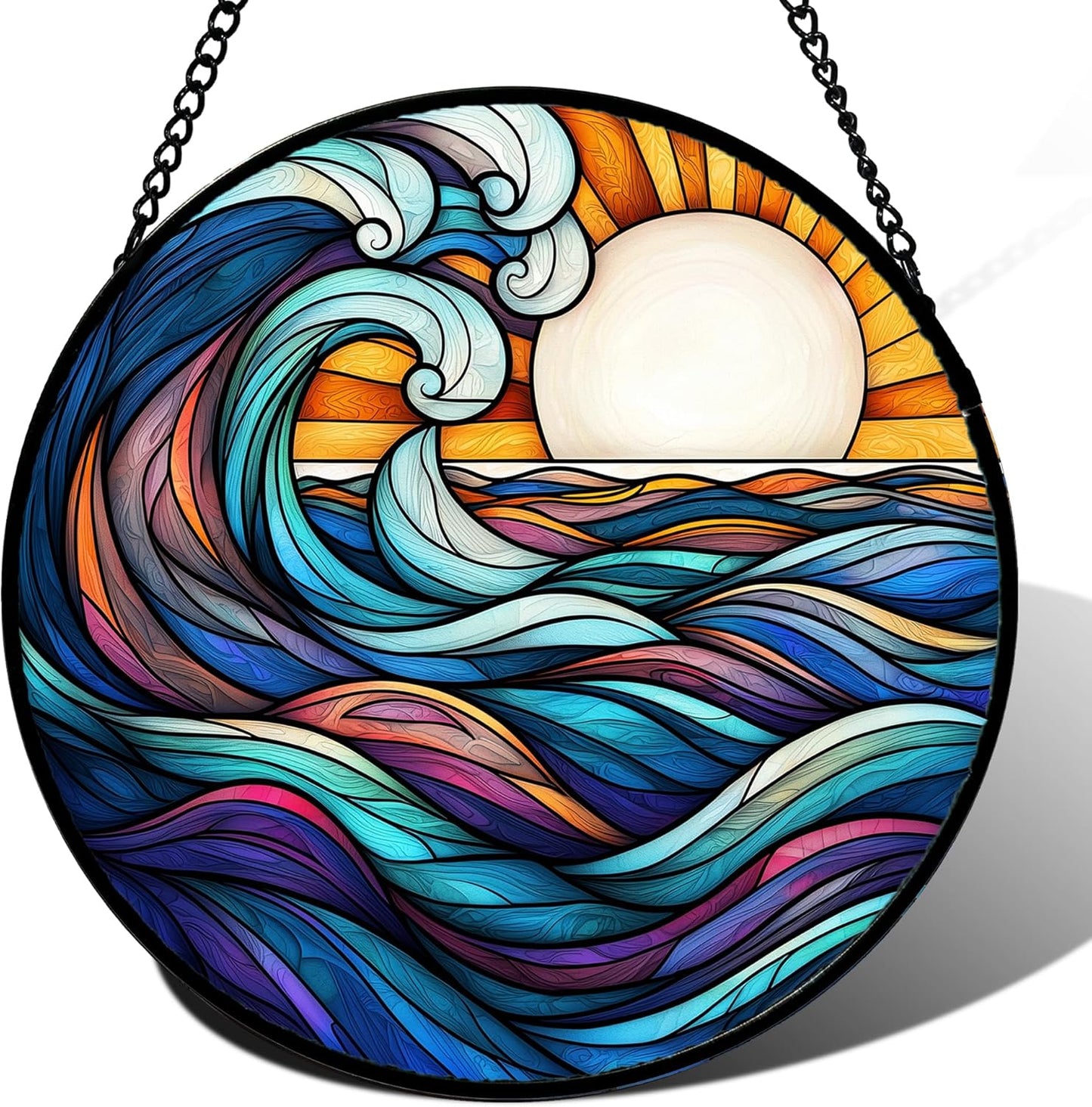 Stained Glass Window Hanging, Big Wave Sun Suncatcher Diamond Glass Panel Hangings Abstract Sun Catchers Decor for Birthday for Women, Men, Wife, Aunt, and Mom 14.9x14.9 in