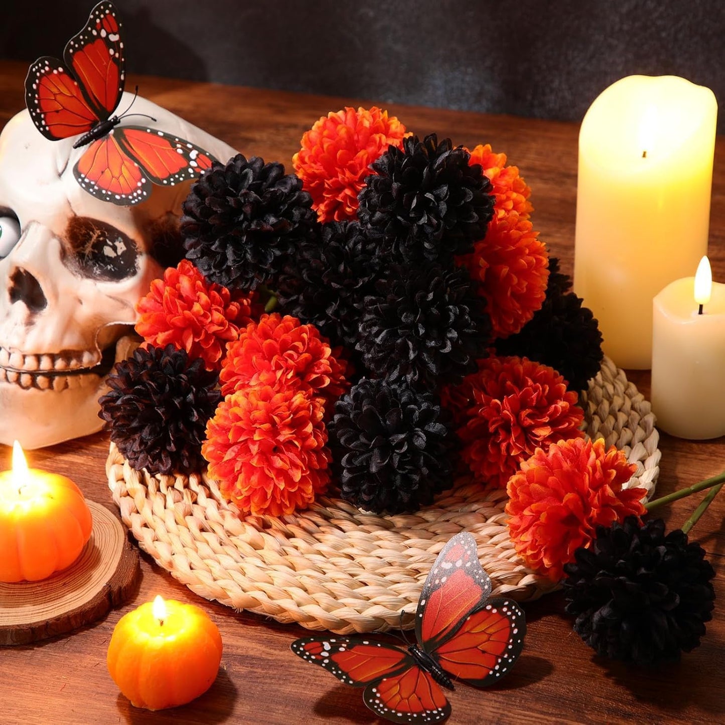 Kimura's Cabin 20Pcs Faux Mums Flowers Fake Chrysanthemum Artificial Silk Ball Flowers for Halloween Garden Home Kitchen Table DIY Decoration Center Fall Bouquets (Orange Black)