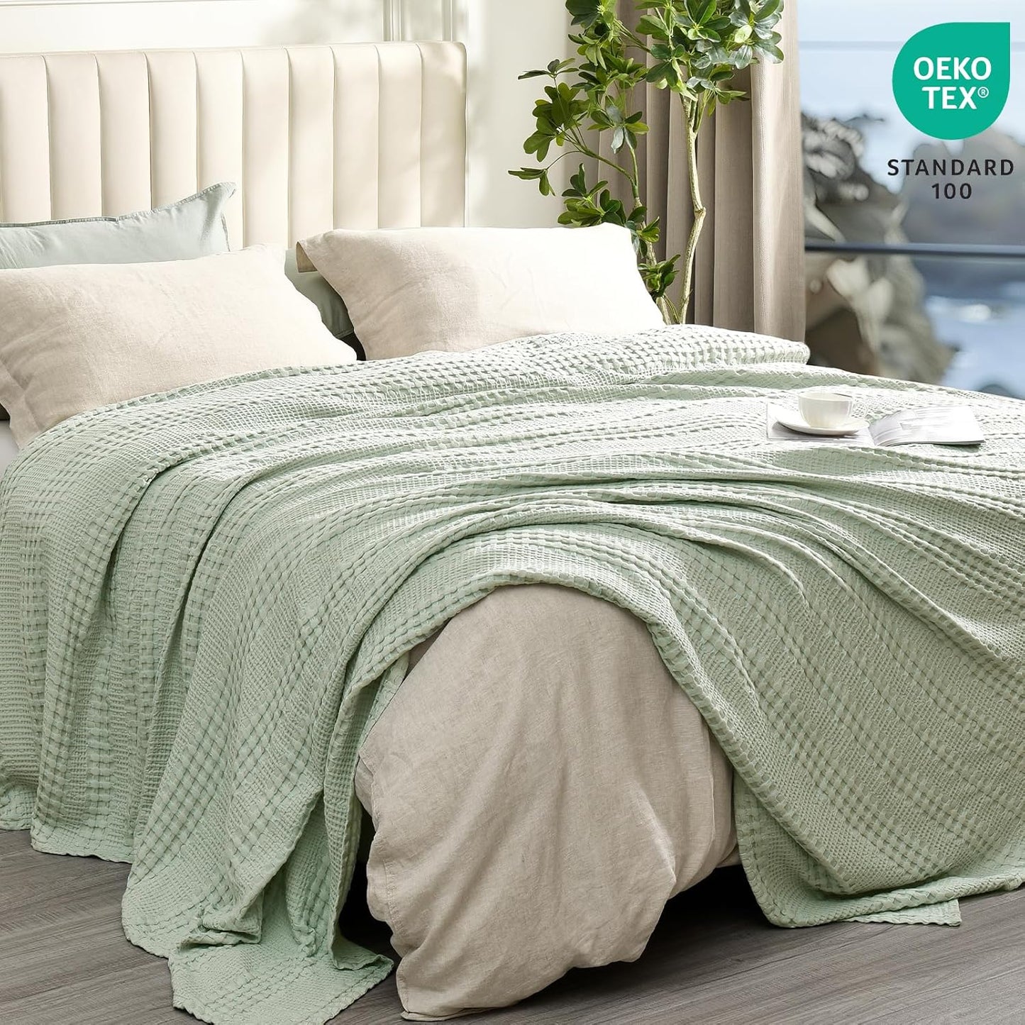 PHF Cooling Waffle Blanket Queen Size, Lightweight 60% Rayon Derived from Bamboo & 40% Cotton Breathable Blanket for Hot Sleepers, Soft and Luxury for Bed Couch and Sofa, 90"x90", Mint